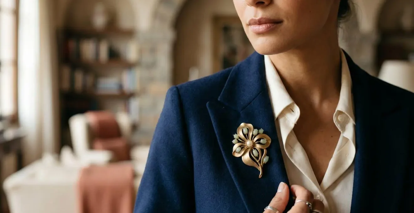 Spilla elegante in metallo che personalizza un blazer classico