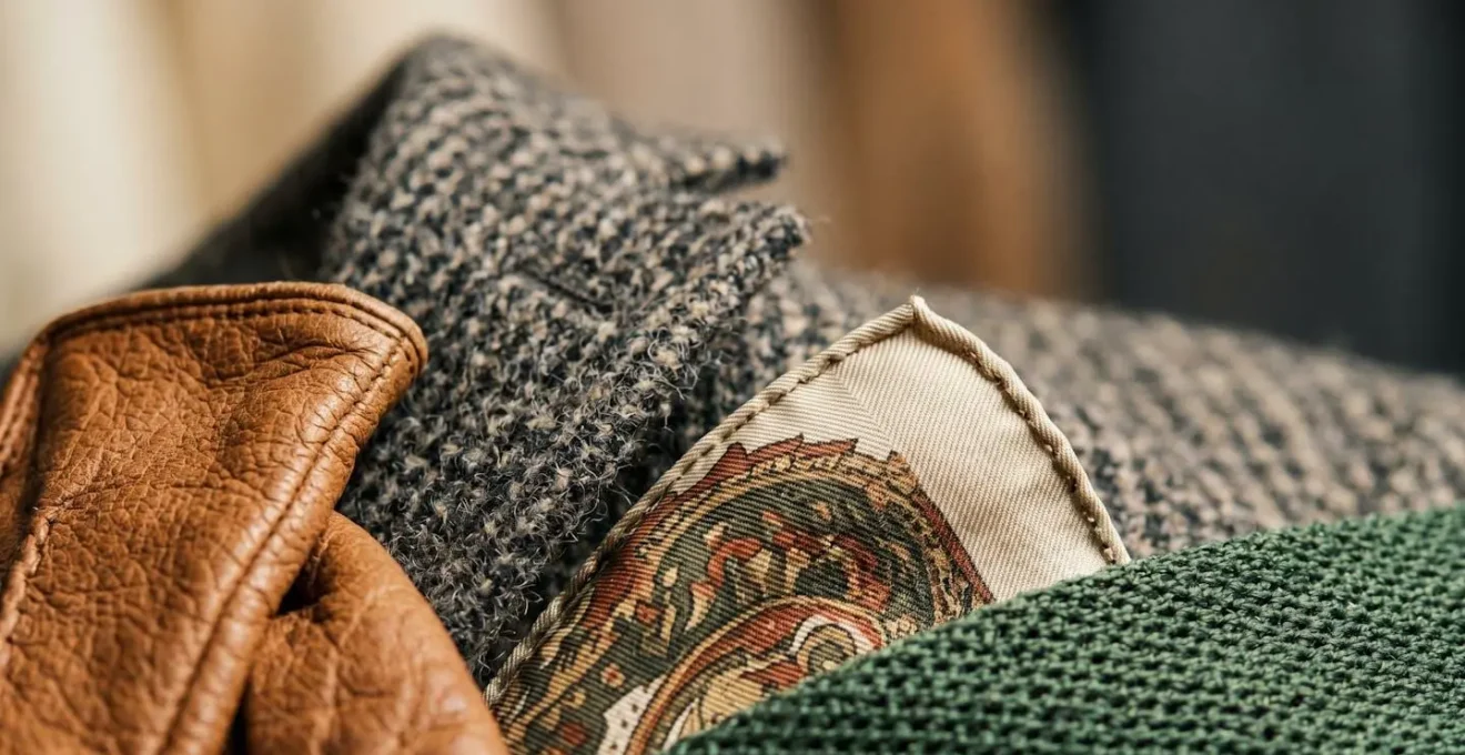Dettagli di capi vintage italiani di qualità che incarnano il concetto di sprezzatura