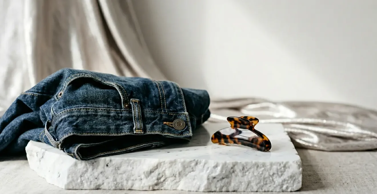 Composizione di moda contemporanea che reinterpreta lo stile Y2K con eleganza italiana moderna