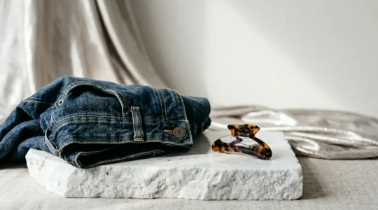 Composizione di moda contemporanea che reinterpreta lo stile Y2K con eleganza italiana moderna