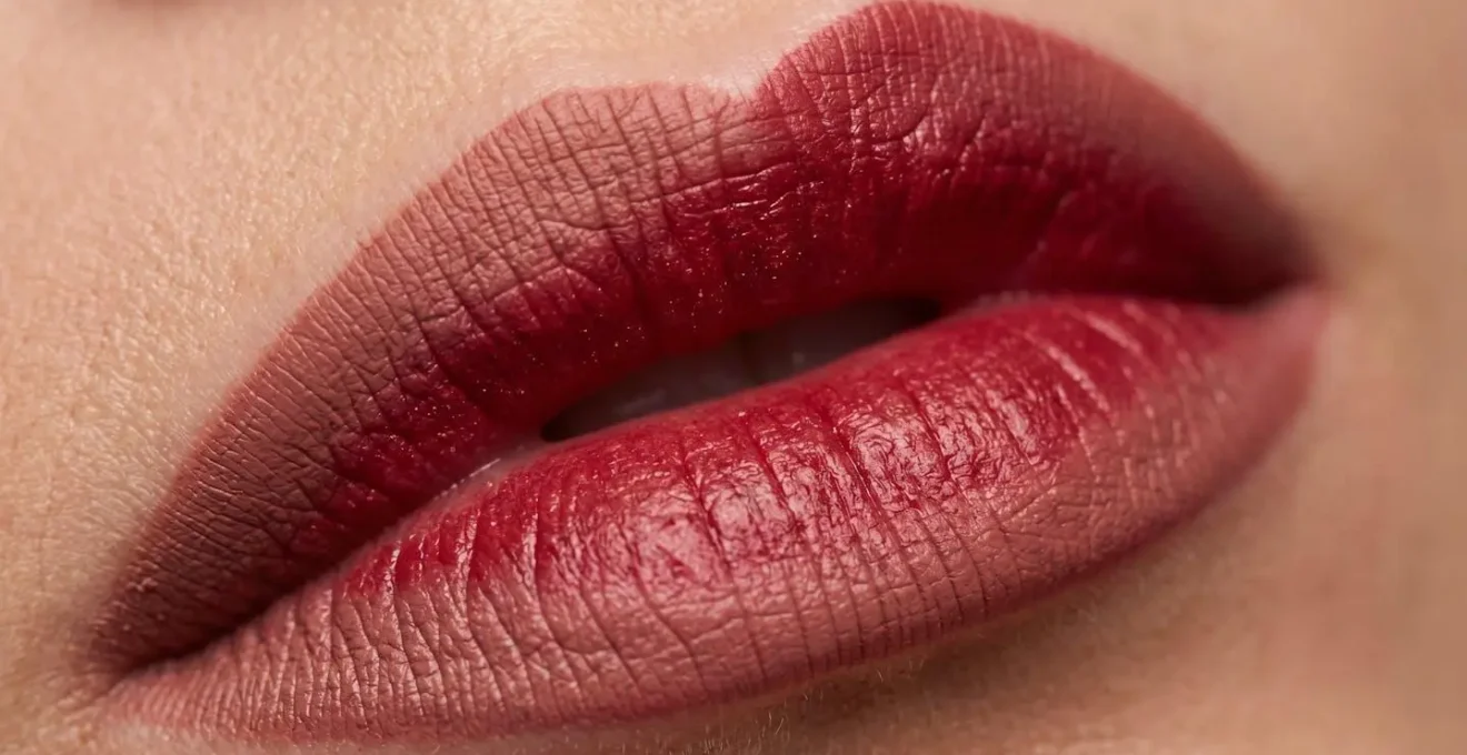 Dettaglio macro di labbra con tecnica layering di matita e rossetto per armonizzare i sottotoni