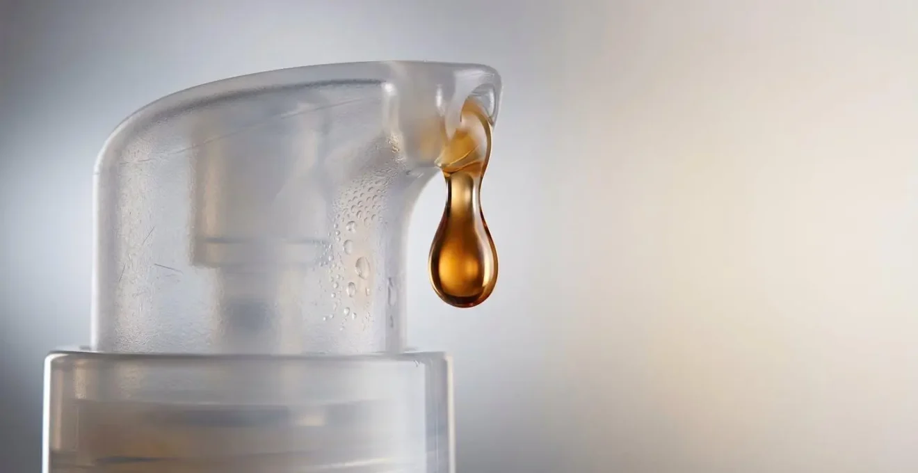 Dettaglio macro di un sistema airless che mostra la precisione del meccanismo di conservazione dei principi attivi