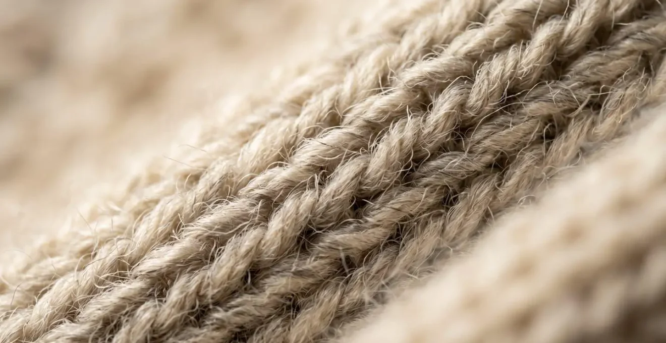 Dettaglio ravvicinato della texture e delle fibre di un capo in lana merino di alta qualità italiana