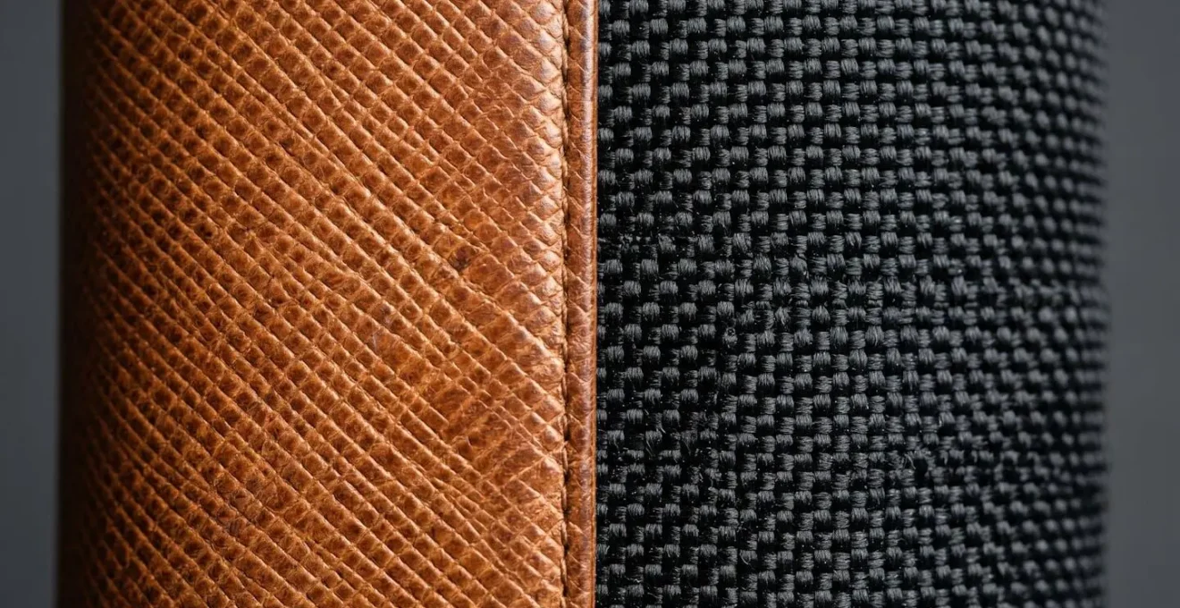 Dettaglio macro delle texture di pelle e nylon balistico per marsupi da viaggio