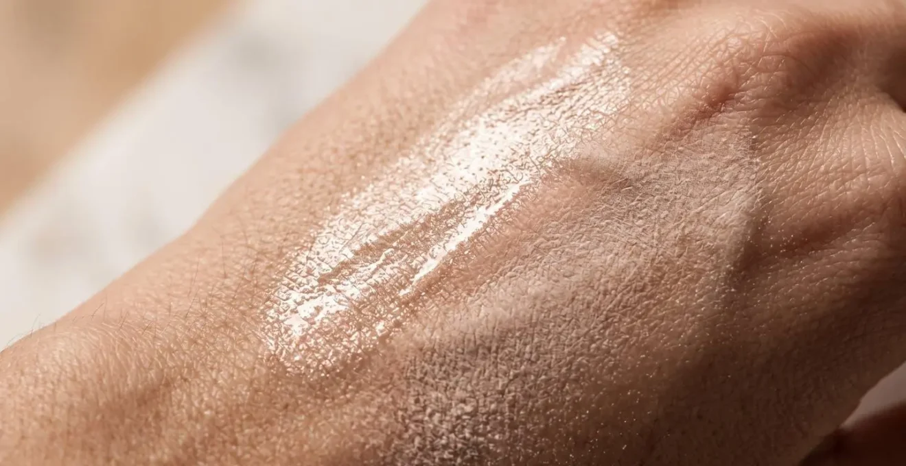 Primo piano di texture cosmetiche cremose e in polvere per effetto glass skin luminoso