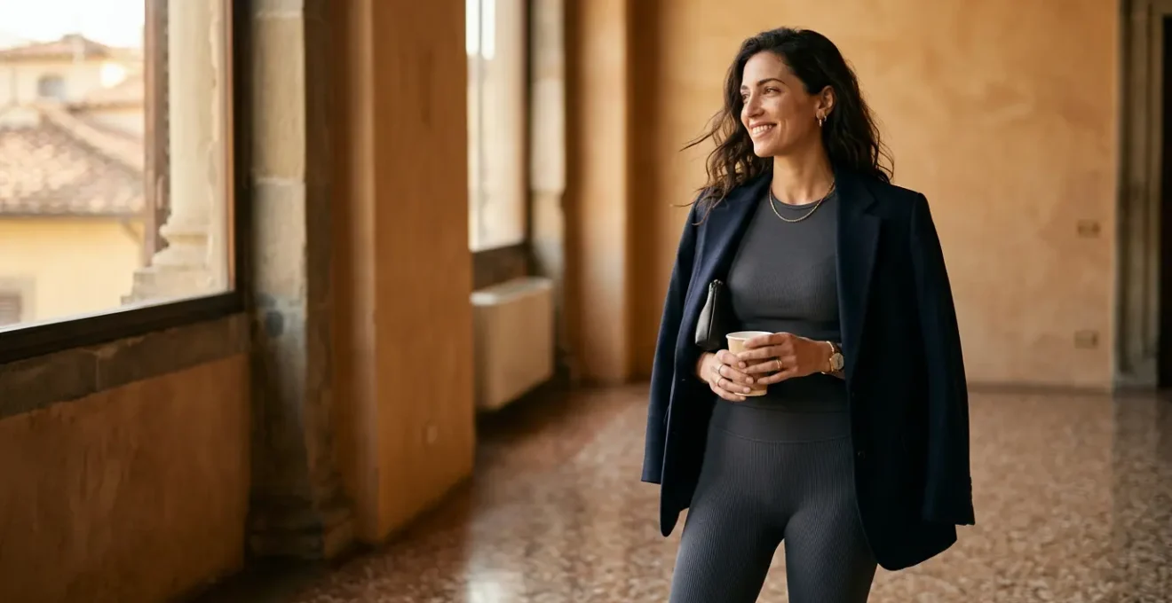 Donna in abbigliamento athleisure elegante che passa dalla pratica yoga all'aperitivo in Italia