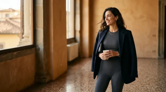 Donna in abbigliamento athleisure elegante che passa dalla pratica yoga all'aperitivo in Italia