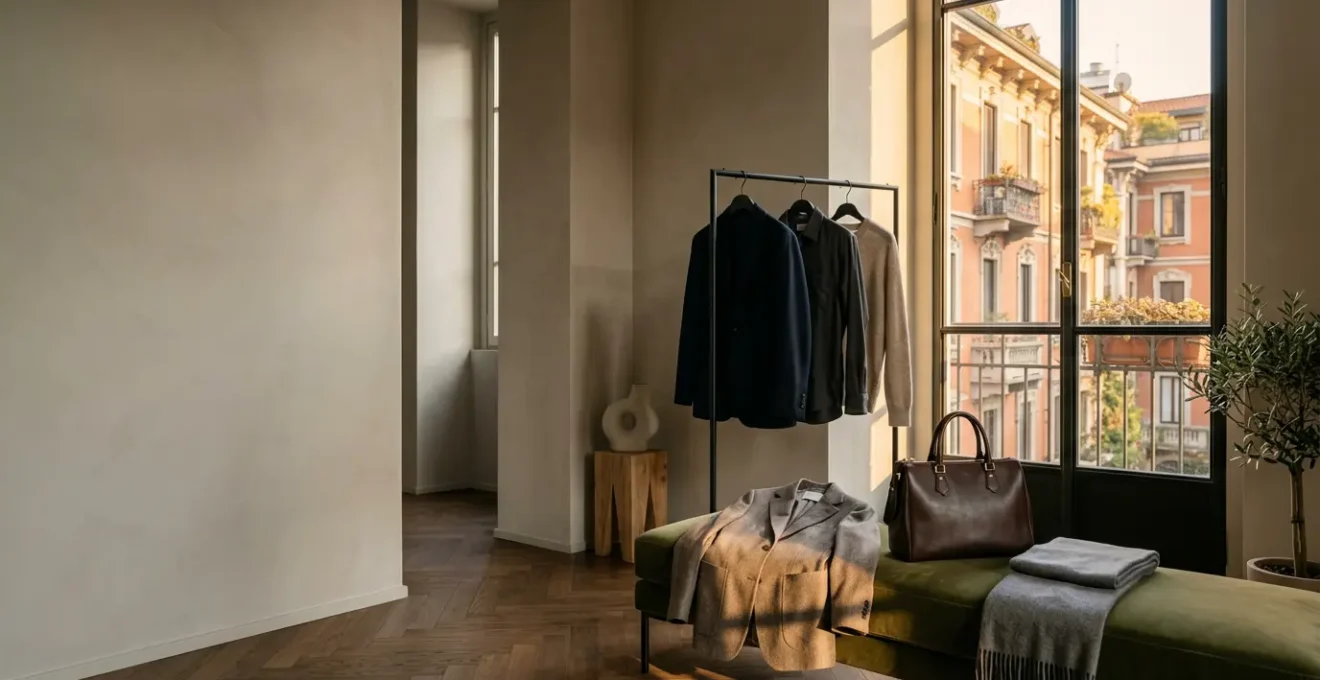 Professionista milanese che organizza eleganti capi di design per creare outfit da ufficio versatili