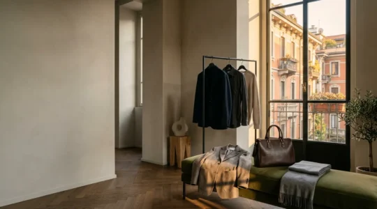 Professionista milanese che organizza eleganti capi di design per creare outfit da ufficio versatili
