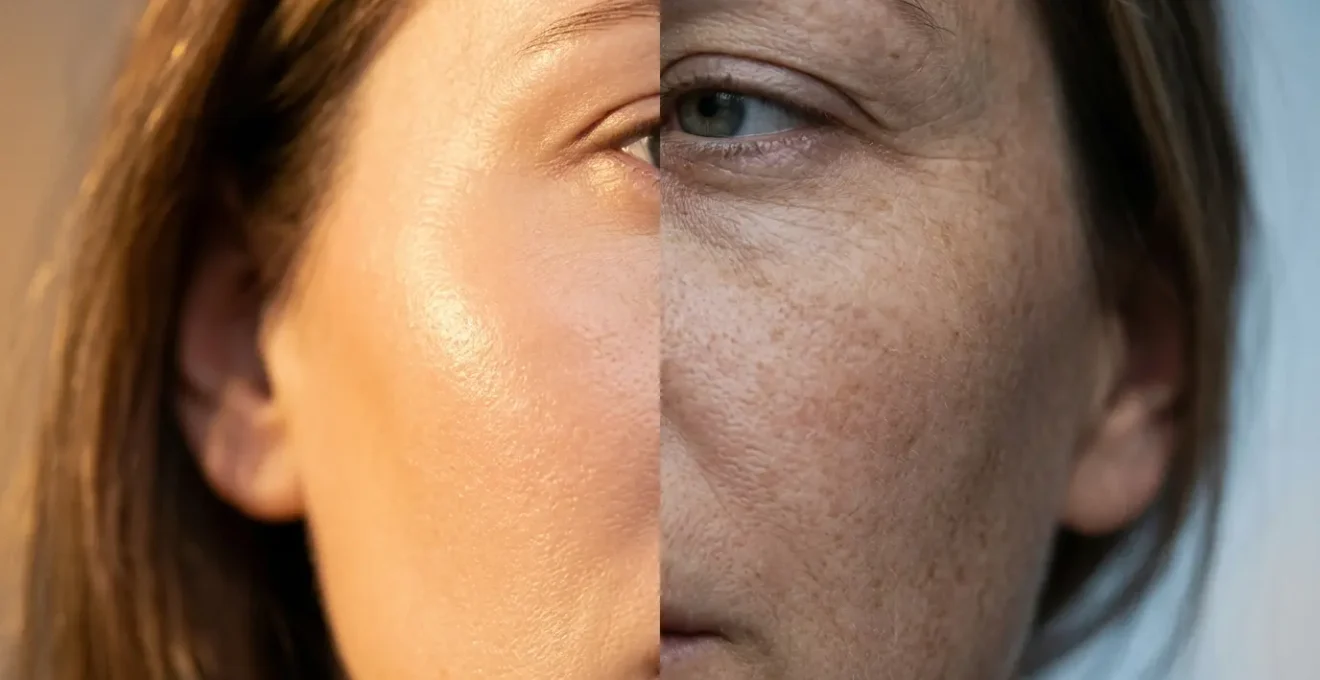 Rappresentazione visiva del contrasto tra protezione solare e esposizione ai raggi UV sulla pelle