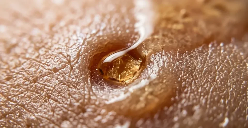 Dettaglio macro ravvicinato che illustra visivamente il meccanismo di penetrazione dell'acido salicilico attraverso il sebo nel poro della pelle Dettaglio macro ravvicinato che illustra visivamente il meccanismo di penetrazione dell'acido salicilico attraverso il sebo nel poro della pelle