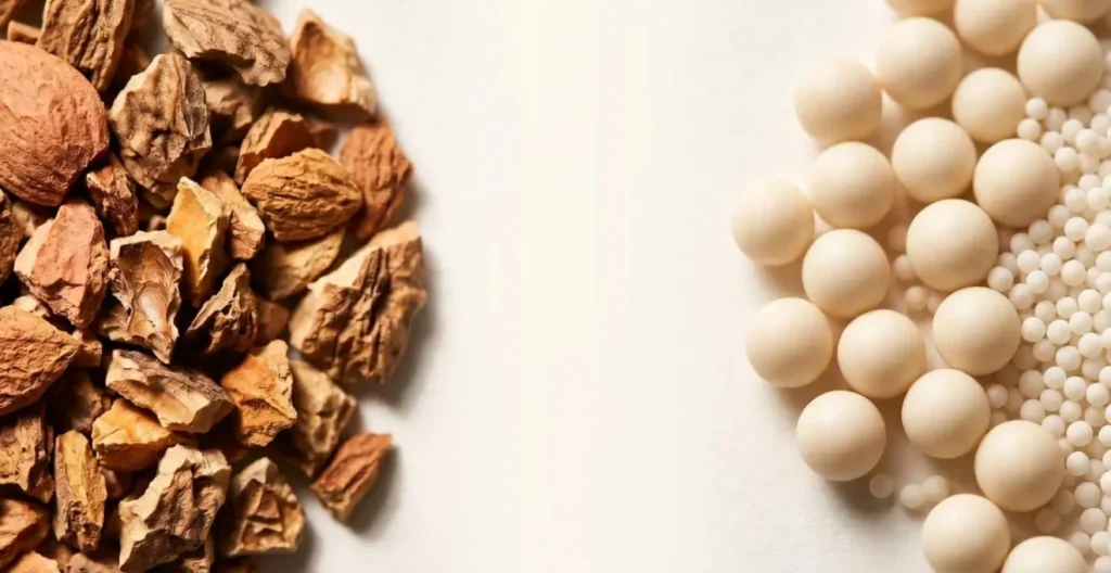 Confronto visivo ravvicinato tra granuli esfolianti naturali con bordi irregolari e microsfere perfettamente arrotondate e delicate Confronto visivo ravvicinato tra granuli esfolianti naturali con bordi irregolari e microsfere perfettamente arrotondate e delicate