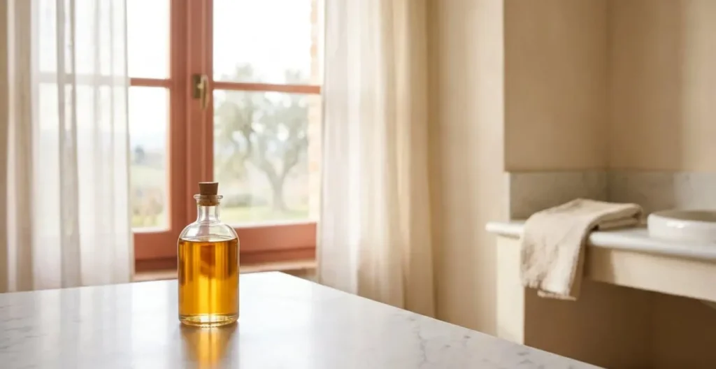 Scena minimalista che rappresenta il rituale della doppia detersione con oli naturali per una pelle equilibrata e pulita Scena minimalista che rappresenta il rituale della doppia detersione con oli naturali per una pelle equilibrata e pulita